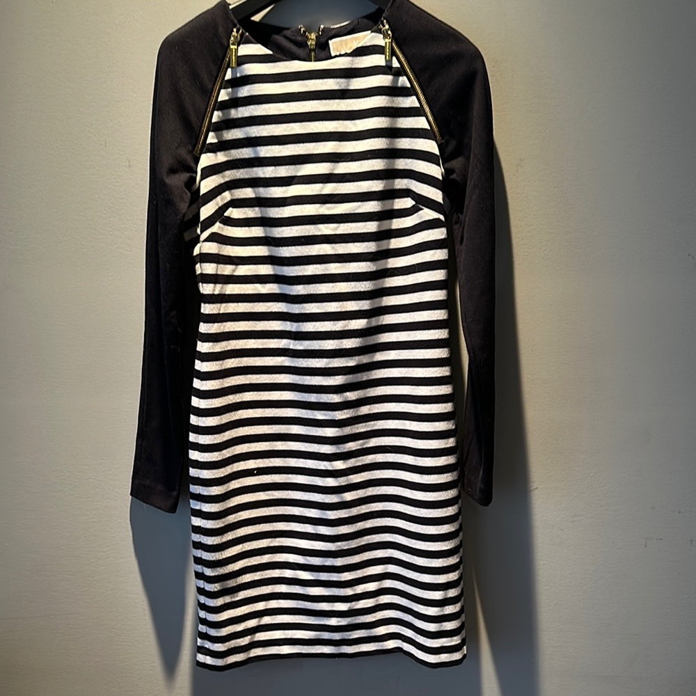 Michael Kors Black and White Striped Long Sleeve Dress